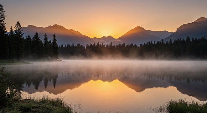 A serene lake at sunrise with soft mist floating above the water, surrounded by calm mountains and pine trees
