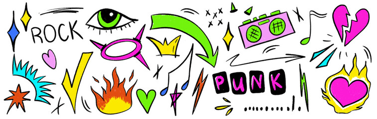 Doodle punk rock scribble set with heart, eye and crown. Sketch scribble doodle y2k punk element. Crayon vector hand drawn.