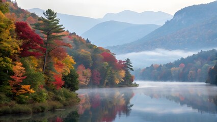 Scenic Autumn Landscape with Foggy Lake and Colorful Trees Reflection
