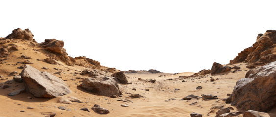 Barren rocky landscape with sand and stones under a blackened sky in an arid desert region view