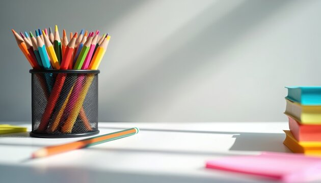 Collection of vibrant colored pencils in mesh holder sits on white desk beside stack of colorful sticky notes, paper. Sunlight streams across scene, creative workspace, office supplies ready for use.