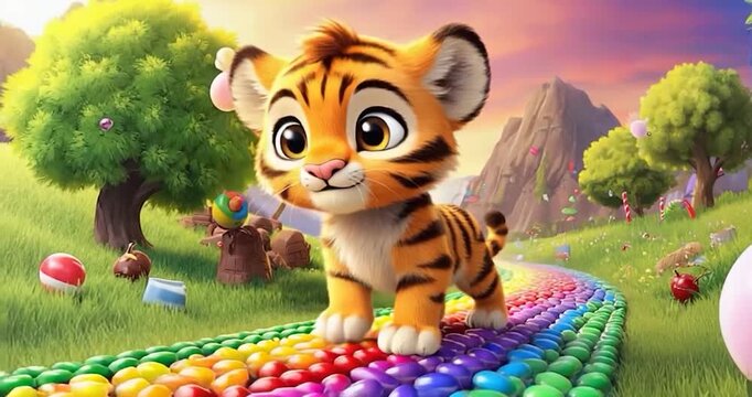 Cute tiger cub on candy rainbow path