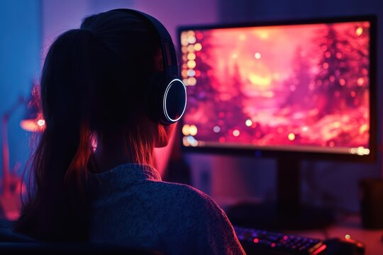 Gamer girl with glowing monitor in home setup
