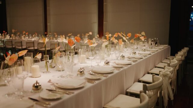 Elegant wedding reception dinner table setup with white tablecloth, glassware, candles, and orange anthurium flower arrangements in a dimly lit luxury venue.