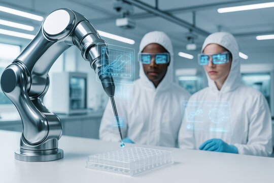 Futuristic robotic arm performing scientific lab analysis with holographic interface while two scientists observe in modern lab environment. Ai generative