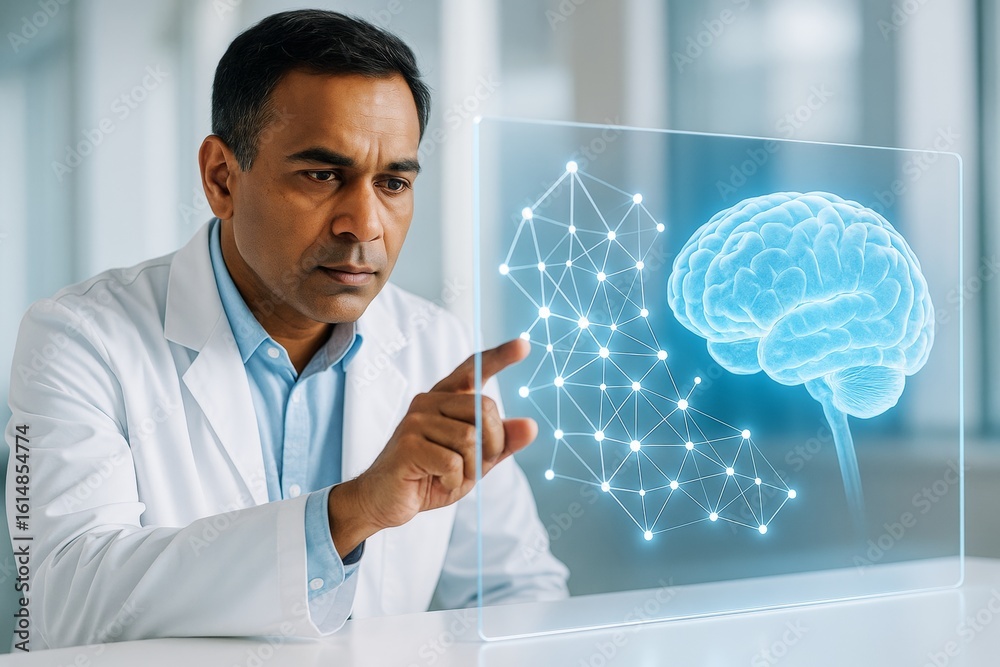 Poster scientist interacting with futuristic transparent interface displaying neural network and human brai