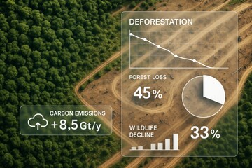 Aerial view of deforestation with infographic data showing forest loss, carbon emissions, and wildlife decline on environmental science background concept. Ai generative