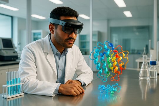 Scientist using augmented reality headset to study colorful protein structure model in modern laboratory with bright scientific background light. Ai generative - Powered by Adobe