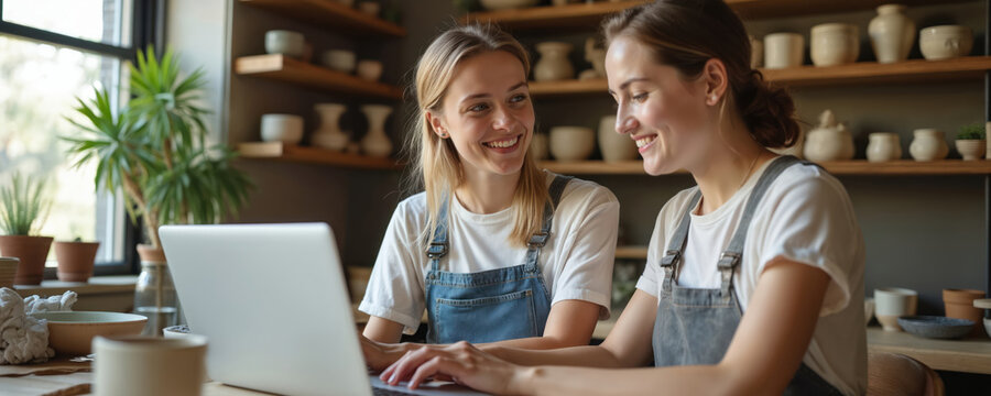 Two young women, ceramic artists, work together in pottery shop. Smile using laptop, managing small business, online sales. Collaboration shows success in craft entrepreneurship, handmade business.