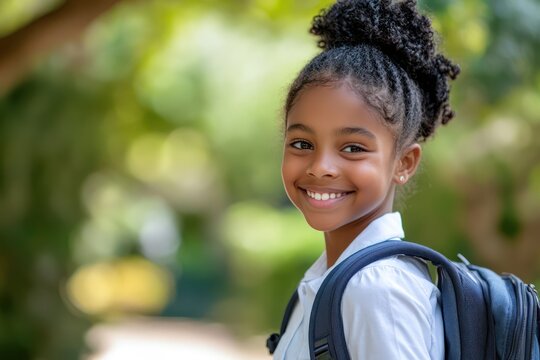Smiling black schoolgirl in uniform with backpack