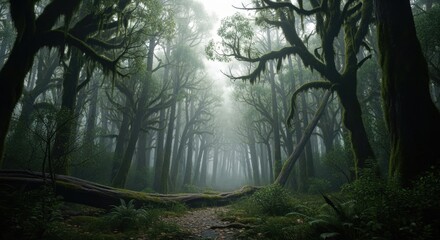 Obraz premium Enchanted forest shrouded in mist, showcasing towering trees and lush greenery, evoking tranquility