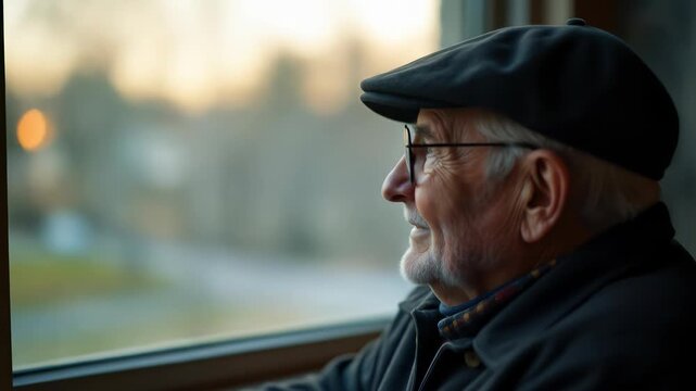 Pensive senior man in a cap and glasses looking thoughtfully through a window at sunset