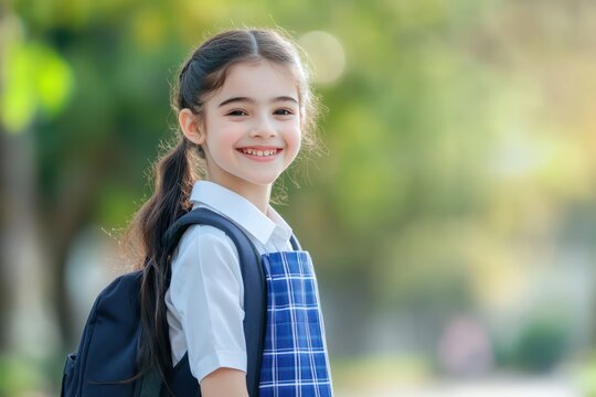 Joyful schoolgirl in uniform with backpack