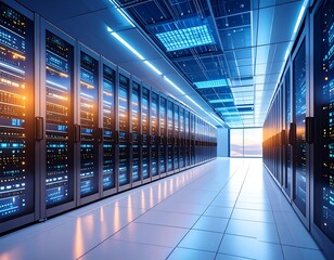 Modern server room, illuminated by blue/orange lights