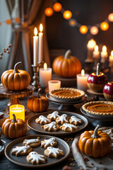 Halloween Dessert Table with Pumpkin Pies, Ghost Cookies and Candles
