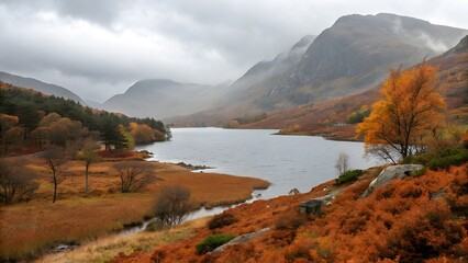 Obraz premium Autumnal Hues at Llyn Idwal in Snowdonia National Park Wales