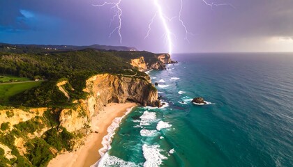 Dramatic coastal panorama; lightning strike over ocean, cliff, and beach