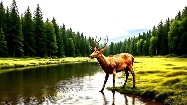 Ilustration video realistic ultra HD of deer  drinking nwater river in the forest