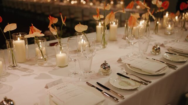 Elegant wedding reception dinner table setup with white tablecloth, glassware, candles, and orange anthurium flower arrangements in a dimly lit luxury venue.