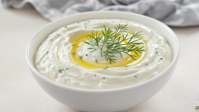 Delicious Greek tzatziki sauce with fresh garnish presented in a white bowl
