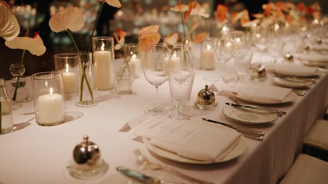 Elegant wedding reception dinner table setup with white tablecloth, glassware, candles, and orange anthurium flower arrangements in a dimly lit luxury venue.