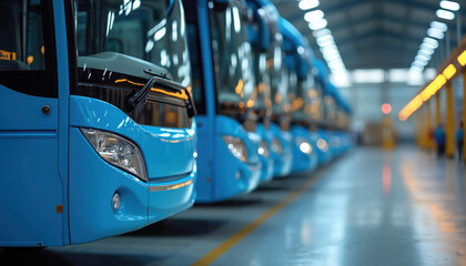 Modern blue buses lined up in clean, organized depot. Their efficient design, technology suggest readiness for urban public transport services, commuting, passenger journeys. Fleet awaits operation.