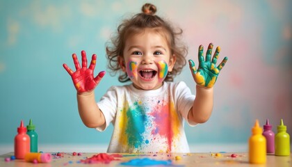 Joyful toddler with colorful paint smeared on hands, face, laughing in messy art session. Soft pastel background, gentle lighting enhance digital artwork capturing childhood creativity, pure