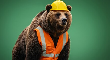 Funny bear wearing safety helmet and construction vest against green backdrop, humorous construction animal concept