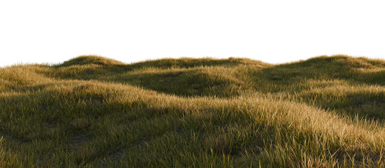 Realistic Sunset Grass Field with Rolling Hills. 3D rendering.