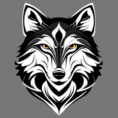 Detailed tribal style wolf head illustration with piercing yellow eyes on a grey background.