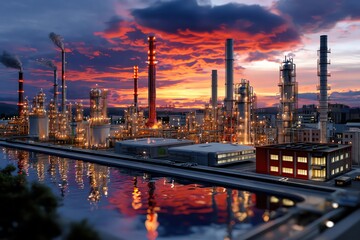 Fototapeta premium Industrial complex under a colorful sunset sky.