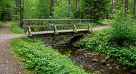 Tranquil forest scene featuring a wooden bridge over a stream, surrounded by lush greenery and paths
