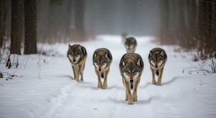 A pack of wolves walking through a snowy forest path, surrounded by tall trees in winter