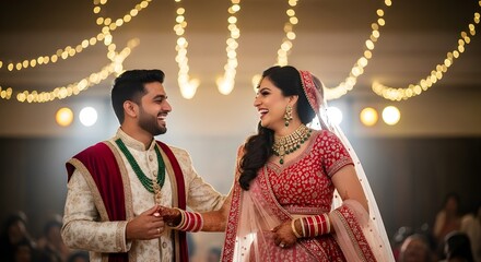 Indian Bride and Groom Close-Up Laughing While Dancing Together