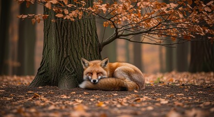 A serene red fox curled up against a tree trunk in a tranquil autumn forest with falling leaves