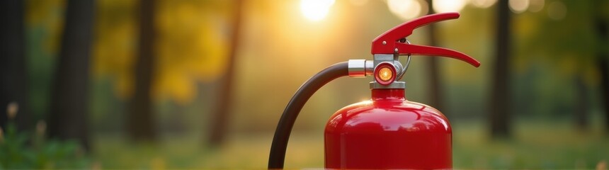 Fire extinguisher ready for emergency in natural outdoor
