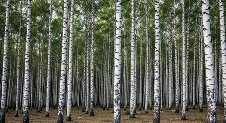 Serene birch forest with tall trees and lush green foliage, creating a tranquil natural setting