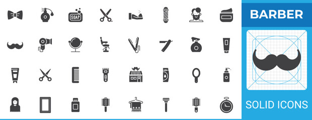 Barber solid glyph icon set