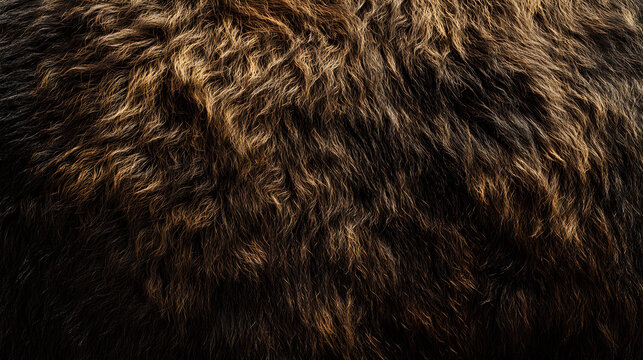 Bison fur on a living animal, thick, rugged dark brown hair with visible coarse strands