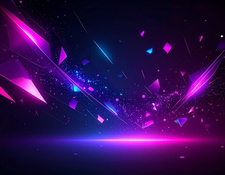 Dark futuristic background with floating holographic particles, glowing in purple and pink neon, digital abstract design, minimal tech style, ultra realistic