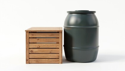 Wooden compost bin next to dark green rain barrel. Essential equipment for sustainable gardening, organic waste recycling, rainwater harvesting. Promotes eco-friendly living, water conservation,