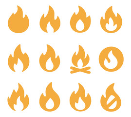 Collection of twelve flame icons with unique shapes and patterns