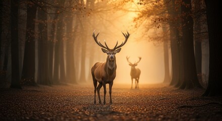 Majestic deer standing in a misty forest during autumn, with golden leaves and soft light creating a serene atmosphere