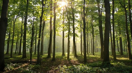 Obraz premium Sunbeams pierce lush green forest canopy creating a tranquil, magical woodland atmosphere