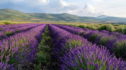 Fototapeta premium Discover the Breathtaking Beauty of a Lavender Field with Majestic Mountains at Dusk