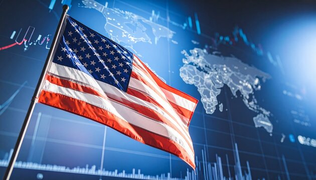 American flag over global financial charts and world map, symbolizing US economic influence