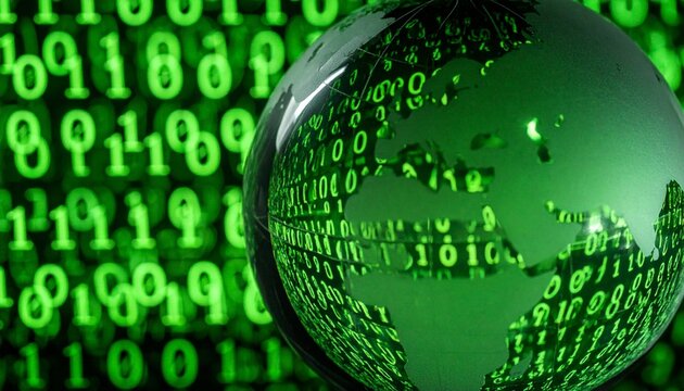Green digital globe over binary code, symbolizing global tech connectivity