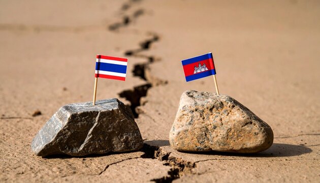 Thailand and Cambodia flags perched on cracked stones, symbolizing fragile peace and territorial strain