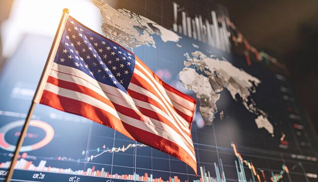 American flag over global financial charts and world map, symbolizing US economic influence