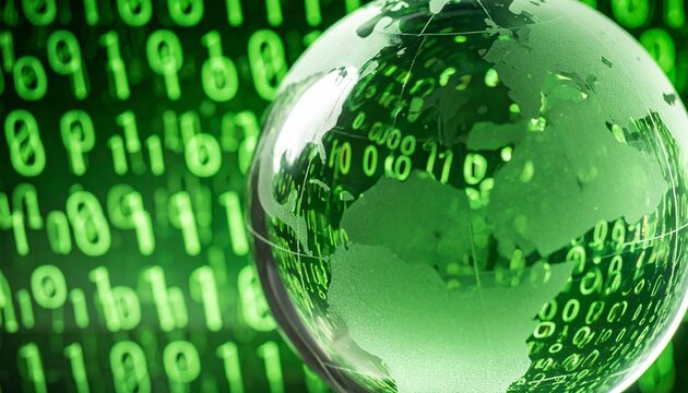 Green digital globe over binary code, symbolizing global tech connectivity